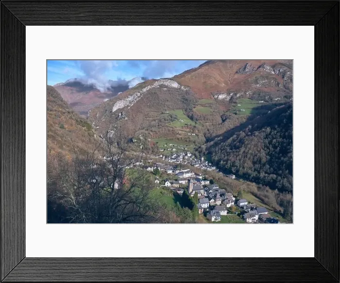Framed Print : Breathtaking drone view of cottages located in valley amidst mountains on sunny autumn day in highlands Framed Print : Breathtaking drone view of cottages located in valley amidst mountains on sunny autumn day in highlands