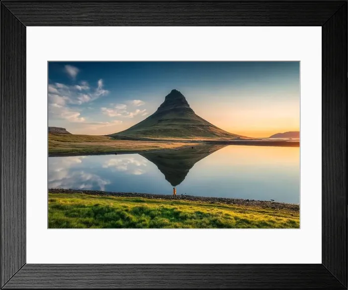 Framed Print : Aerial view of majestic symmetry volcano Kirkjufell mountain with lake reflection Framed Print : Aerial view of majestic symmetry volcano Kirkjufell mountain with lake reflection