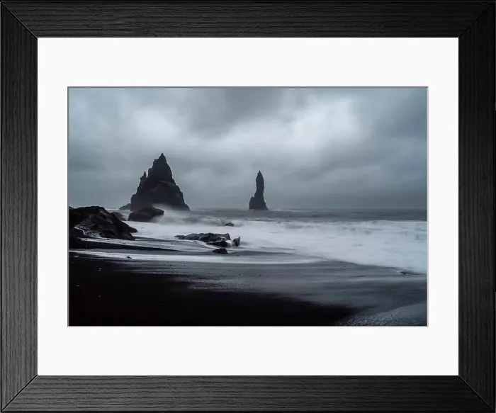 Framed Print : Black Sand Beach in Iceland. White waves crash onto the inky Icelandic shore Framed Print : Black Sand Beach in Iceland. White waves crash onto the inky Icelandic shore