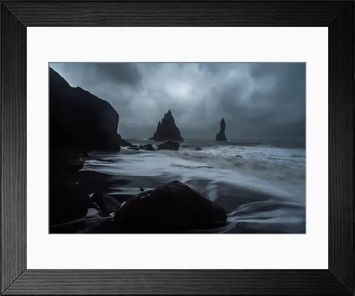 Framed Print : Black Sand Beach in Iceland. White waves crash onto the inky Icelandic shore Framed Print : Black Sand Beach in Iceland. White waves crash onto the inky Icelandic shore