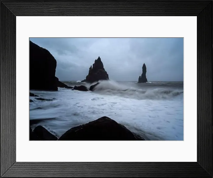 Framed Print : Black Sand Beach in Iceland. White waves crash onto the inky Icelandic shore Framed Print : Black Sand Beach in Iceland. White waves crash onto the inky Icelandic shore