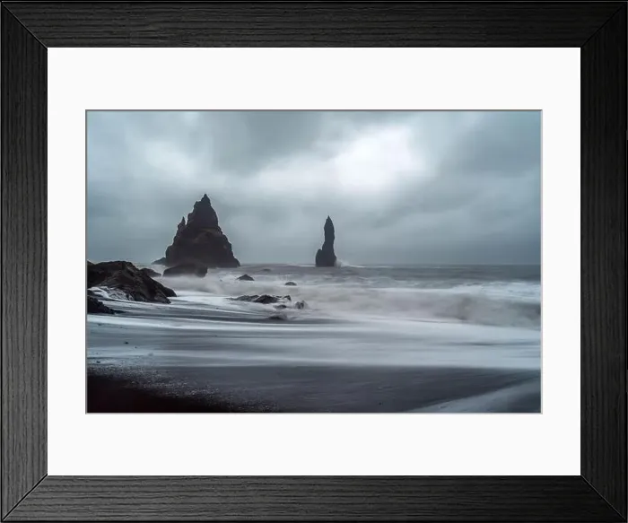 Framed Print : Black Sand Beach in Iceland. White waves crash onto the inky Icelandic shore Framed Print : Black Sand Beach in Iceland. White waves crash onto the inky Icelandic shore