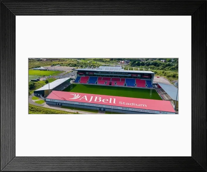 Framed Print : AJ Bell rugby Stadium on the side of a river. Aerial photo Framed Print : AJ Bell rugby Stadium on the side of a river. Aerial photo