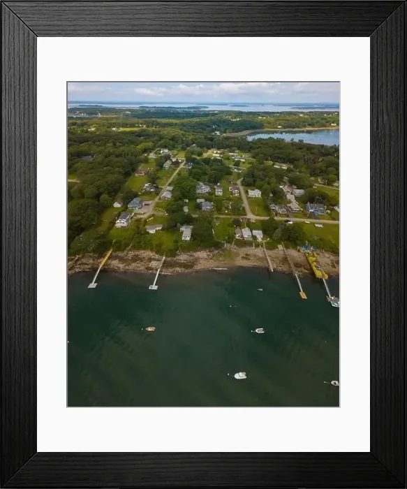 Framed Print : Aerial view of a Harpswell water front neighborhood and moored boats in the bay Framed Print : Aerial view of a Harpswell water front neighborhood and moored boats in the bay