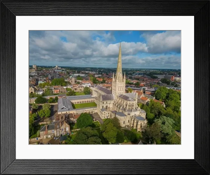 Framed Print : Norwich cathedral aerial view of city centre and cathedral on a summers day. Drone view Framed Print : Norwich cathedral aerial view of city centre and cathedral on a summers day. Drone view