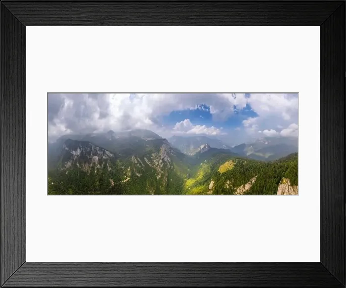 Framed Print : Balkan aerial mountains panorama with clouds and green forests, Maglic, Bosnia and Herzegovina Framed Print : Balkan aerial mountains panorama with clouds and green forests, Maglic, Bosnia and Herzegovina