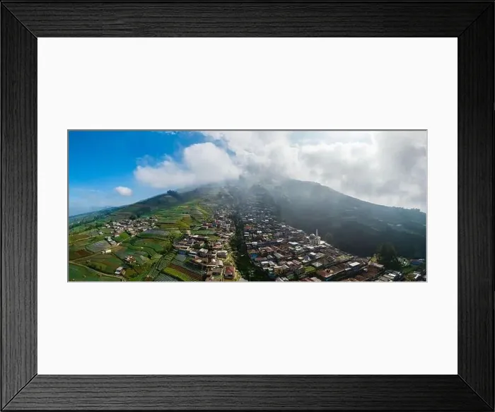 Framed Print : Aerial View panorama of colorful stack building houses in Nepal van Java village and Mount Sumbing, Java, Indonesia Framed Print : Aerial View panorama of colorful stack building houses in Nepal van Java village and Mount Sumbing, Java, Indonesia