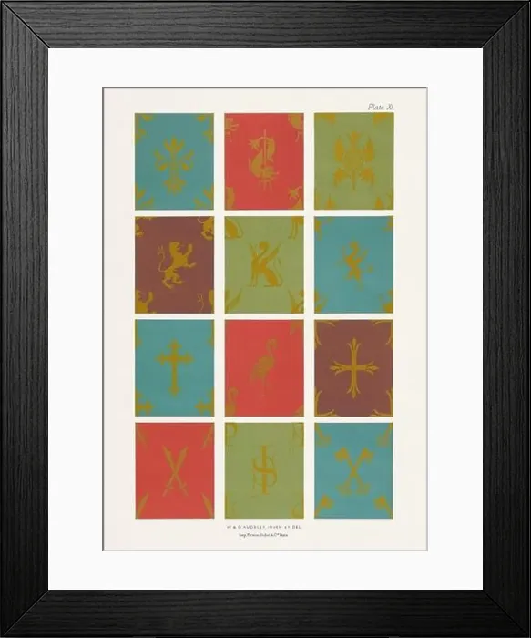 Framed Print : Medieval designs. Symbolic, Heraldic and ornamental Powderings in gold upon dark grounds Framed Print : Medieval designs. Symbolic, Heraldic and ornamental Powderings in gold upon dark grounds