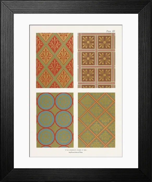Framed Print : Medieval floral patterns in gold on rich coloured grounds Framed Print : Medieval floral patterns in gold on rich coloured grounds