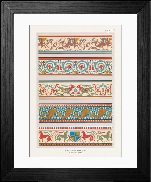 Framed Print : Medieval bands and borders in rich colors. Animal designs. Dragons, birds, fishes and lions Framed Print : Medieval bands and borders in rich colors. Animal designs. Dragons, birds, fishes and lions
