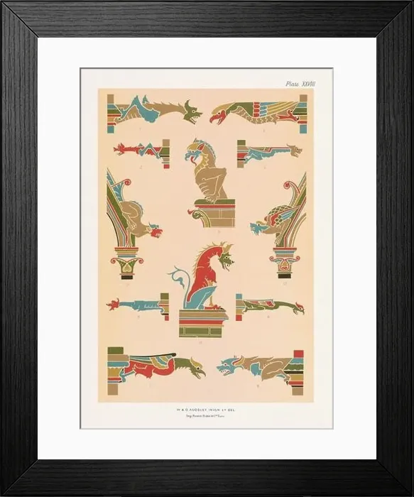 Framed Print : Medieval designs. Animal ornaments. Dragons and birds in rich colors and gold Framed Print : Medieval designs. Animal ornaments. Dragons and birds in rich colors and gold