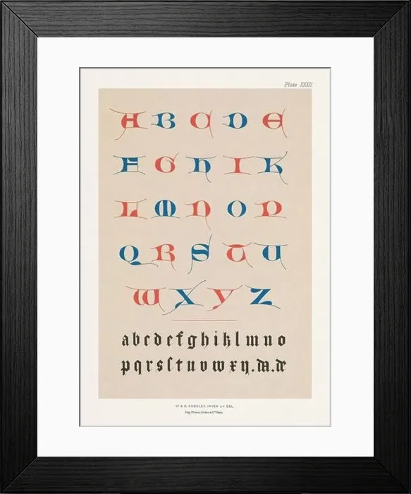 Framed Print : Medieval ornated alphabet in blue and red colors Framed Print : Medieval ornated alphabet in blue and red colors
