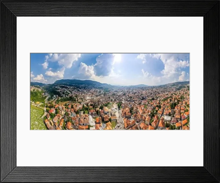 Framed Print : Aerial view to historic city center, Bascarsija old bazaar streets Sarajevo, Bosnia