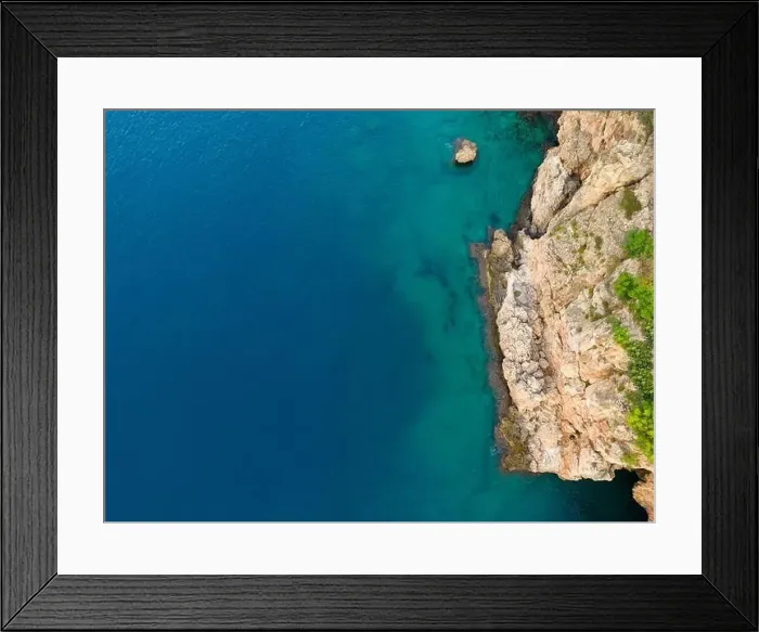 Framed Print : Aerial bird's eye view of cliffs and turquoise sea in Antalya Turkey Framed Print : Aerial bird's eye view of cliffs and turquoise sea in Antalya Turkey