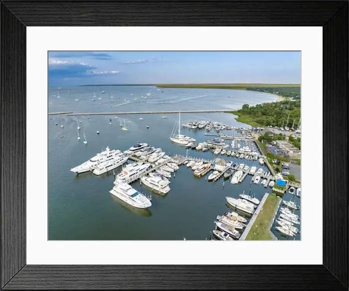 Framed Print : Aerial view of yachts and boats at dock in sag harbor, ny
