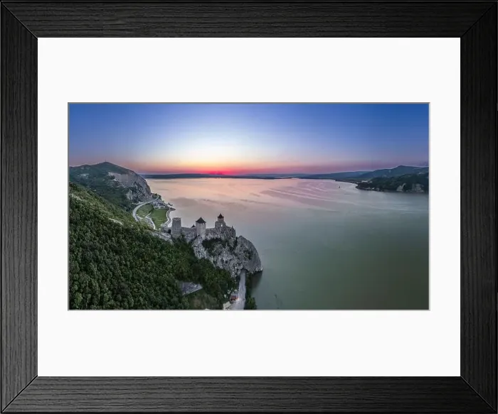 Framed Print : Golubac fortress castle walls standing on Danube river bank in sunset rays aerial panorama, Serbia Framed Print : Golubac fortress castle walls standing on Danube river bank in sunset rays aerial panorama, Serbia