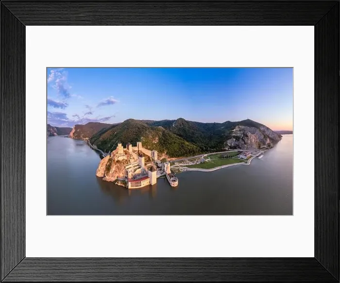 Framed Print : Golubac fortress castle walls standing on Danube river bank in sunset rays aerial panorama, Serbia Framed Print : Golubac fortress castle walls standing on Danube river bank in sunset rays aerial panorama, Serbia