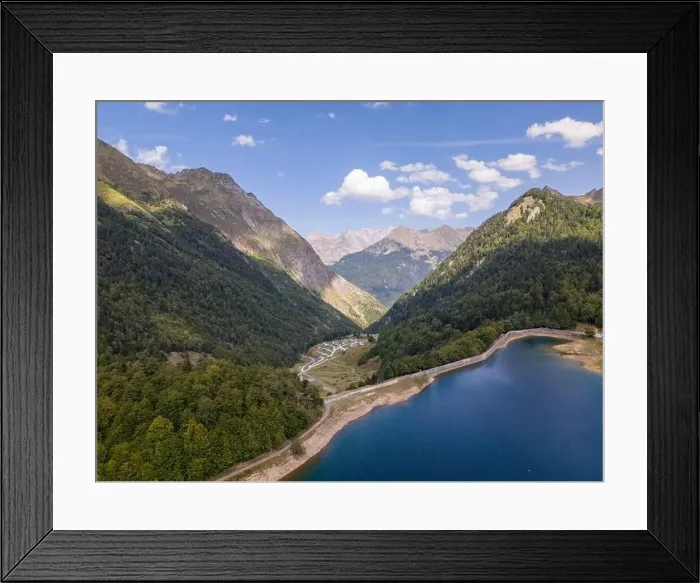 Framed Print : Aerial drone photo of a mountain lake in the French Pyrenees. The lake is named Bious Artigues and is created by a dam Framed Print : Aerial drone photo of a mountain lake in the French Pyrenees. The lake is named Bious Artigues and is created by a dam