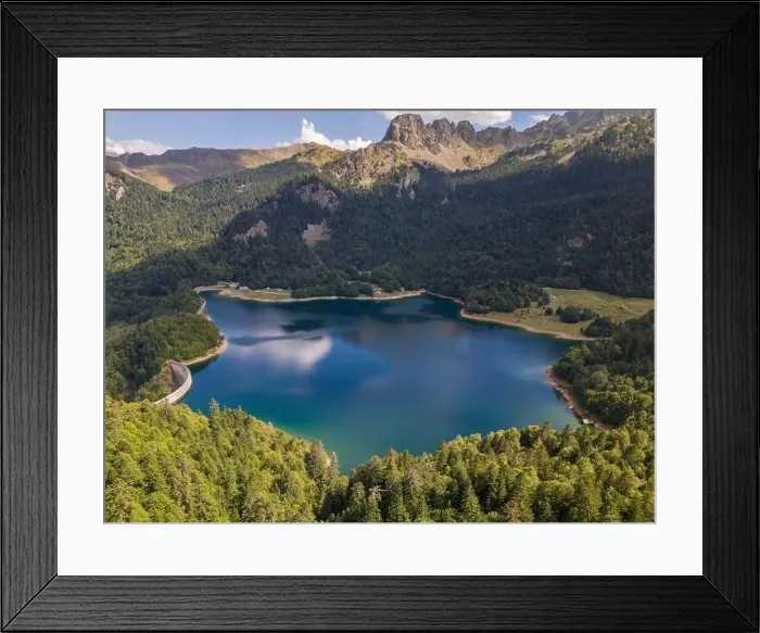 Framed Print : Aerial drone photo of a mountain lake in the French Pyrenees. The lake is named Bious Artigues and is created by a dam Framed Print : Aerial drone photo of a mountain lake in the French Pyrenees. The lake is named Bious Artigues and is created by a dam