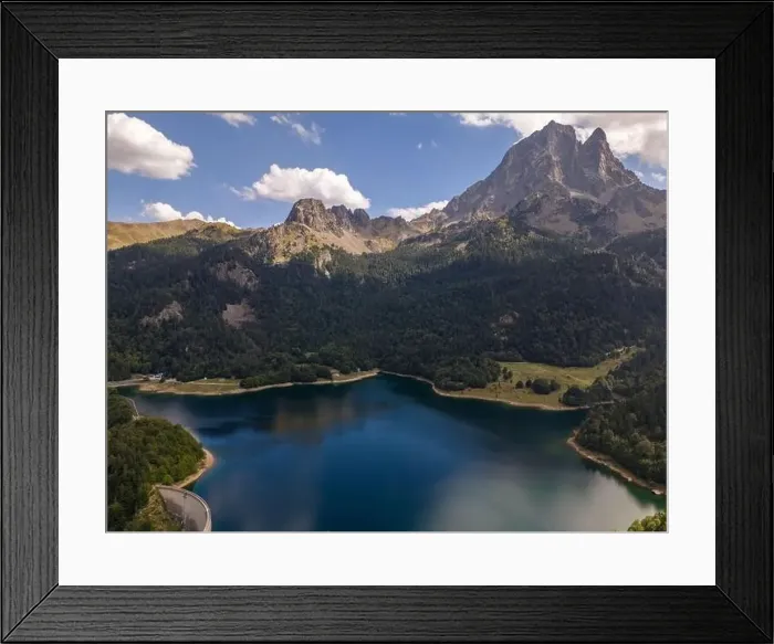 Framed Print : Aerial drone photo of a mountain lake in the French Pyrenees. The lake is named Bious Artigues and is created by a dam Framed Print : Aerial drone photo of a mountain lake in the French Pyrenees. The lake is named Bious Artigues and is created by a dam