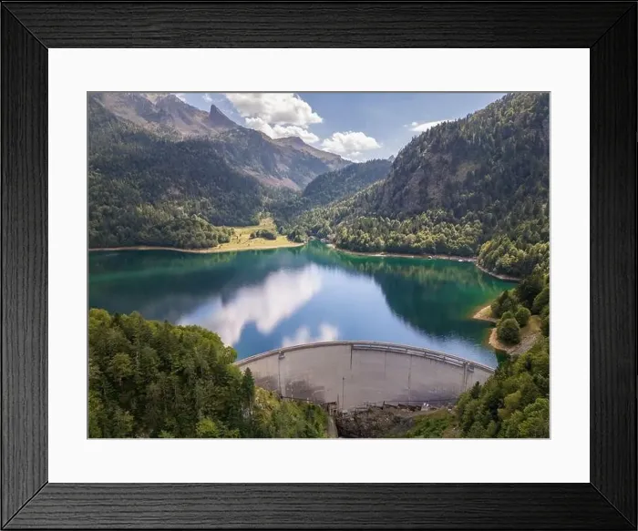 Framed Print : Aerial drone photo of a mountain lake in the French Pyrenees. The lake is named Bious Artigues and is created by a dam Framed Print : Aerial drone photo of a mountain lake in the French Pyrenees. The lake is named Bious Artigues and is created by a dam