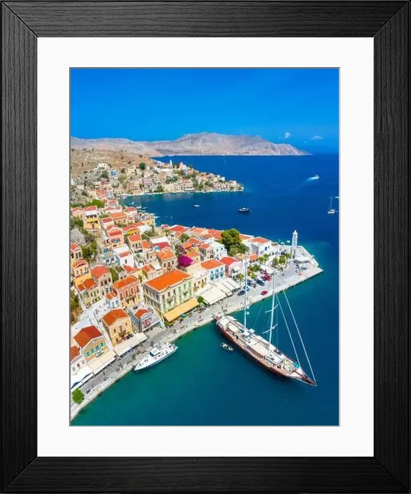 Framed Print : Colorful houses village in Symi island, Dodecanese islands, Greece Framed Print : Colorful houses village in Symi island, Dodecanese islands, Greece