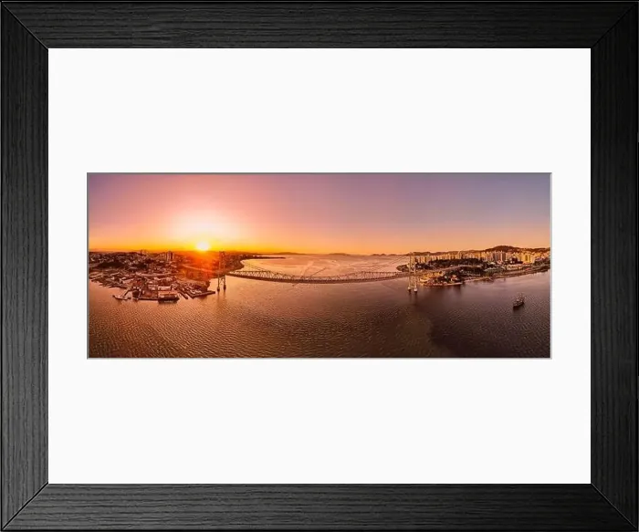 Framed Print : Panoramic aerial view of Hercilio luz cable bridge with sunset light in Florianopolis, Brazil Framed Print : Panoramic aerial view of Hercilio luz cable bridge with sunset light in Florianopolis, Brazil
