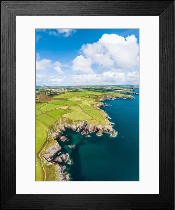 Framed Print : Cliffs and Fields over Porthclais from a drone, St Davids, Haverfordwest, Wales, England, Europe Framed Print : Cliffs and Fields over Porthclais from a drone, St Davids, Haverfordwest, Wales, England, Europe