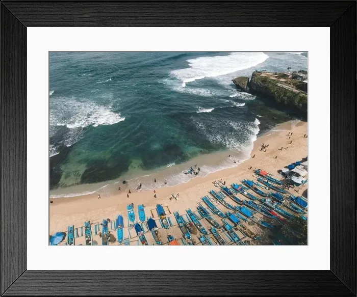 Framed Print : Aerial drone view of Fishermans boats at the beach in Yogyakarta Indonesia Framed Print : Aerial drone view of Fishermans boats at the beach in Yogyakarta Indonesia