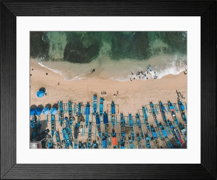 Framed Print : Aerial drone view of Fishermans boats at the beach in Yogyakarta Indonesia Framed Print : Aerial drone view of Fishermans boats at the beach in Yogyakarta Indonesia