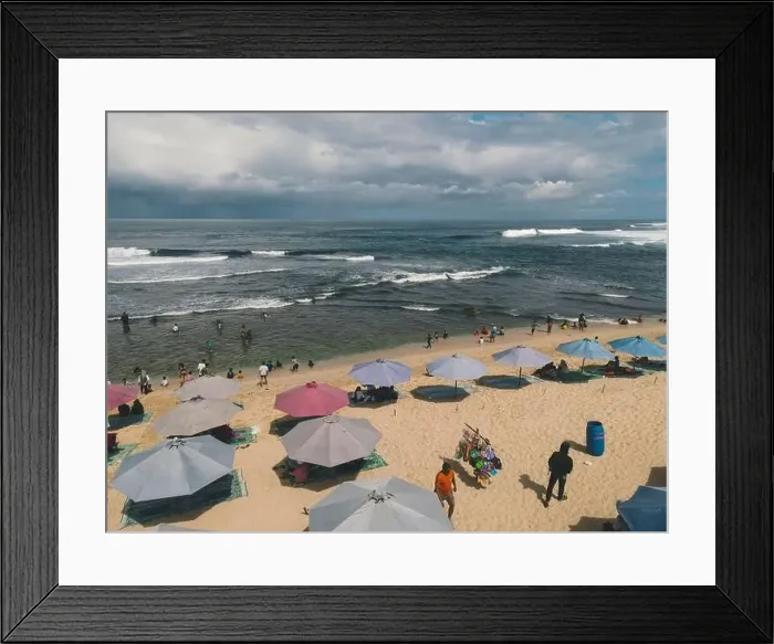 Framed Print : Aerial drone view of umbrellas at the beach in Yogyakarta Indonesia Framed Print : Aerial drone view of umbrellas at the beach in Yogyakarta Indonesia