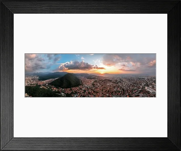 Framed Print : Aerial drone panoramic view of Brasov at sunset Framed Print : Aerial drone panoramic view of Brasov at sunset