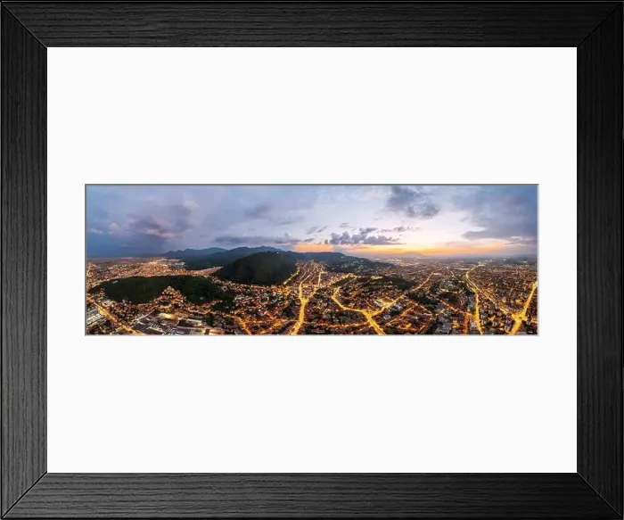 Framed Print : Aerial drone panoramic view of Brasov at sunset Framed Print : Aerial drone panoramic view of Brasov at sunset