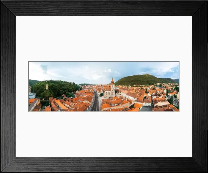 Framed Print : Aerial drone panoramic view of the The Black Church in old Brasov centre Framed Print : Aerial drone panoramic view of the The Black Church in old Brasov centre