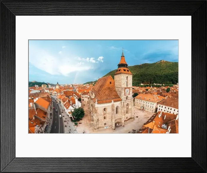 Framed Print : Aerial drone panoramic view of the The Black Church in old Brasov centre Framed Print : Aerial drone panoramic view of the The Black Church in old Brasov centre