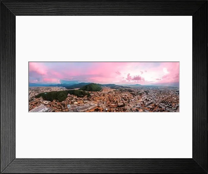 Framed Print : Aerial drone panoramic view of Brasov at sunset Framed Print : Aerial drone panoramic view of Brasov at sunset