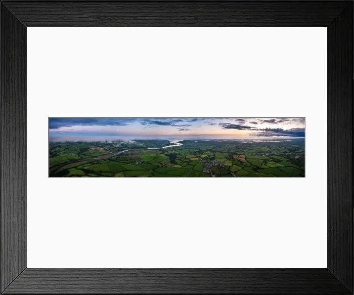 Framed Print : Panorama of Twilight over Fields and Farms from a drone, Green Castle Wood, River Towy, Carmarthen, Walles, England Framed Print : Panorama of Twilight over Fields and Farms from a drone, Green Castle Wood, River Towy, Carmarthen, Walles, England