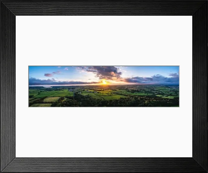 Framed Print : Panorama of Sunset over Fields and Farms from a drone, Green Castle Wood, River Towy, Carmarthen, Walles, England Framed Print : Panorama of Sunset over Fields and Farms from a drone, Green Castle Wood, River Towy, Carmarthen, Walles, England