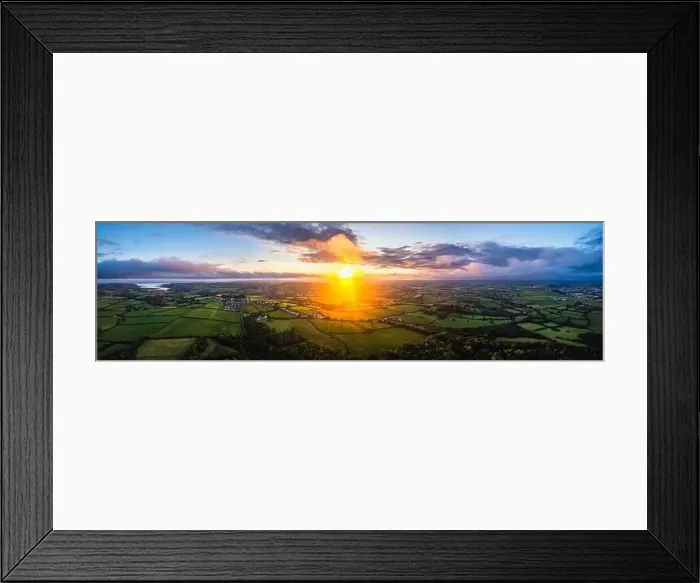Framed Print : Panorama of Sunset over Fields and Farms from a drone, Green Castle Wood, River Towy, Carmarthen, Walles, England Framed Print : Panorama of Sunset over Fields and Farms from a drone, Green Castle Wood, River Towy, Carmarthen, Walles, England