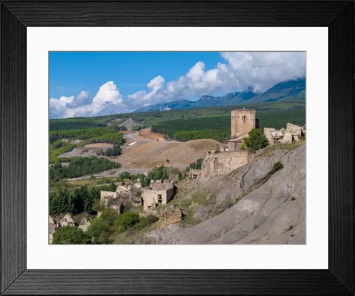 Framed Print : Aerial drone photo of the abandoned ghost town named Esco. Esco is located next to lake Aragon in Northern Spain Framed Print : Aerial drone photo of the abandoned ghost town named Esco. Esco is located next to lake Aragon in Northern Spain