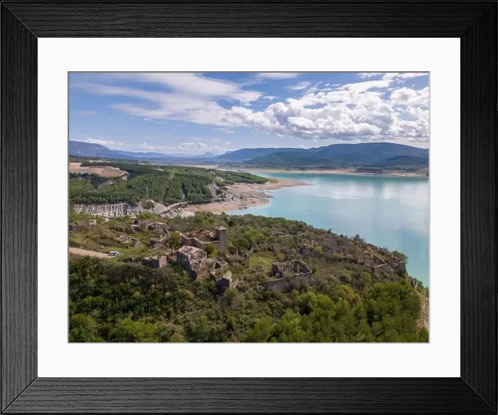 Framed Print : Aerial drone photo of the abandoned ghost town named Tiermas, next to lake Aragon in Northern Spain Framed Print : Aerial drone photo of the abandoned ghost town named Tiermas, next to lake Aragon in Northern Spain