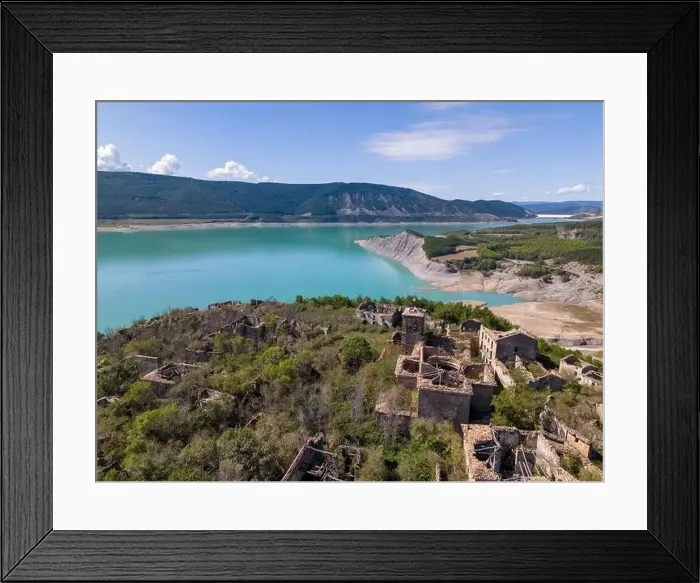 Framed Print : Aerial drone photo of the abandoned ghost town named Tiermas, next to lake Aragon in Northern Spain Framed Print : Aerial drone photo of the abandoned ghost town named Tiermas, next to lake Aragon in Northern Spain