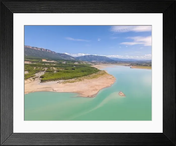 Framed Print : This aerial drone photo shows the beautiful lake Aragon in the Spanish Pyrenees Framed Print : This aerial drone photo shows the beautiful lake Aragon in the Spanish Pyrenees
