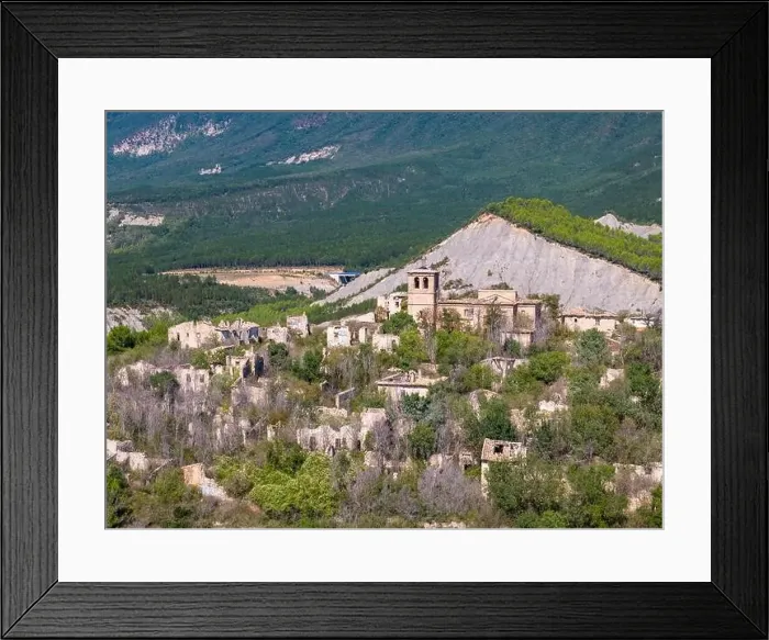Framed Print : Aerial drone photo of the abandoned ghost town named Tiermas, next to lake Aragon in Northern Spain Framed Print : Aerial drone photo of the abandoned ghost town named Tiermas, next to lake Aragon in Northern Spain