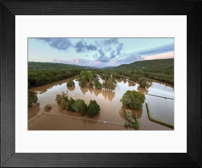 Framed Print : The Mond golf club course in Clydach, Swansea under heavy flood water after prolonged heavy rain Framed Print : The Mond golf club course in Clydach, Swansea under heavy flood water after prolonged heavy rain