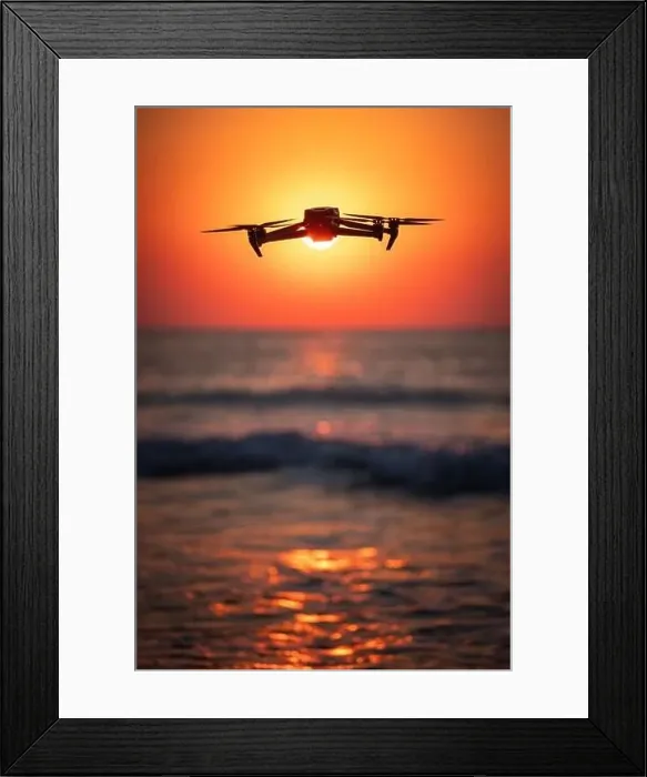 Framed Print : Ocean beach sunrise and flying drone against sun and sea horizon Framed Print : Ocean beach sunrise and flying drone against sun and sea horizon