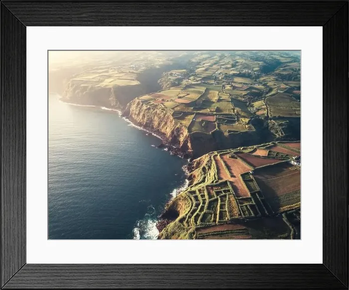 Framed Print : Aerial view of Sao Miguel shores and coastline at sunrise, Azores Islands, Portugal, Atlantic, Europe Framed Print : Aerial view of Sao Miguel shores and coastline at sunrise, Azores Islands, Portugal, Atlantic, Europe