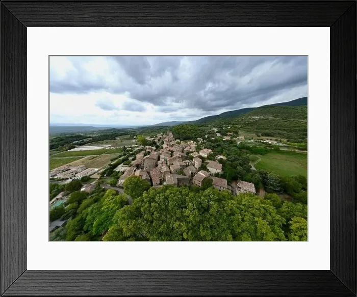 Framed Print : Aerial Journey Over Rustic Vaugines: A Charming Provencal Village in Vaucluse, PACA – Drone Exploration of Town