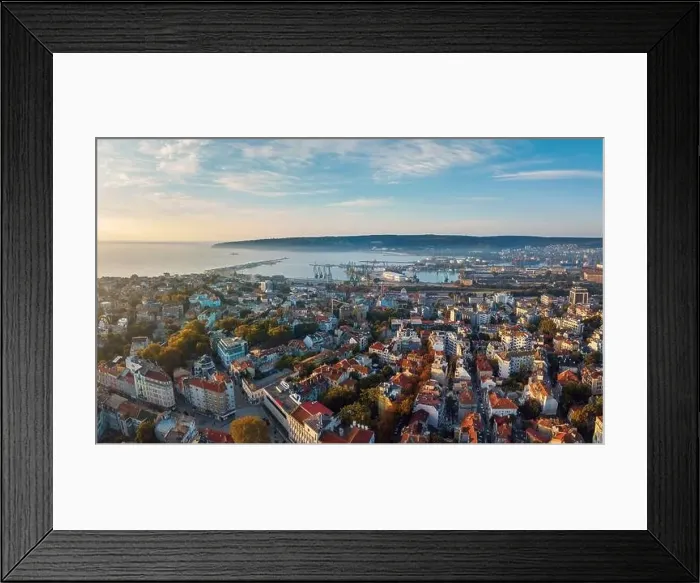 Framed Print : Aerial view above downtown of Varna, Bulgaria. Cityscape landscape Framed Print : Aerial view above downtown of Varna, Bulgaria. Cityscape landscape