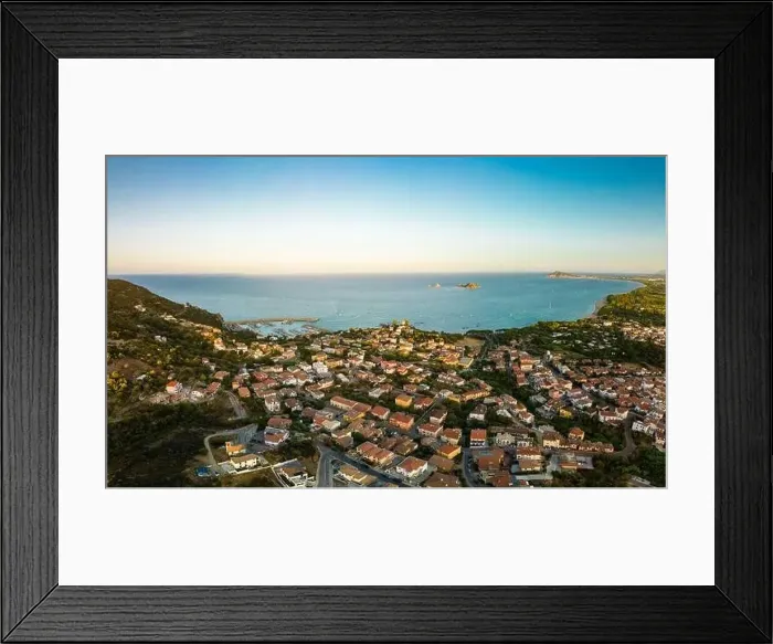 Framed Print : Aerial drone panoramic view of the Santa Maria Navarrese beach. Sardinia, Italy Framed Print : Aerial drone panoramic view of the Santa Maria Navarrese beach. Sardinia, Italy